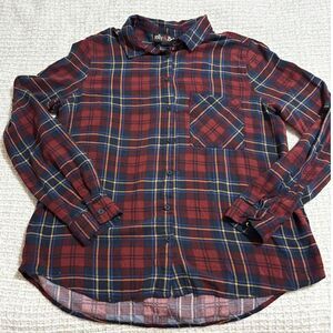 Polly&Esther Plaid Button Down Shirt L Red Blue Soft Rayon Grunge Y2K Cabincore